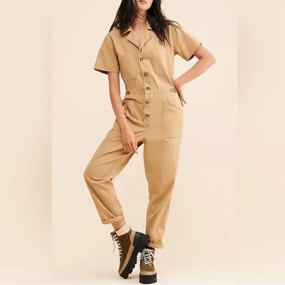 pistola Short-Sleeve Utility Jumpsuit in Tan